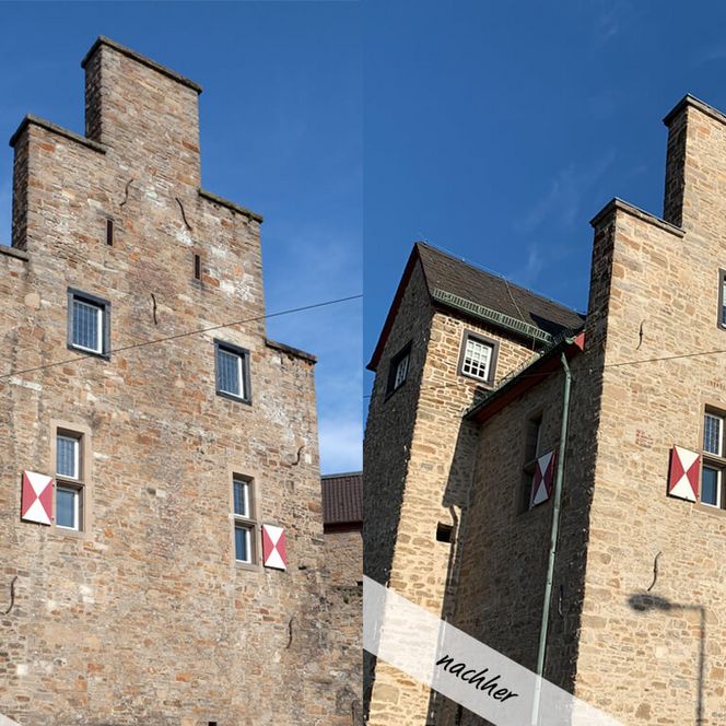 Vorher-Nachher-Vergleich: Der Giebel nach der Sanierung von Schloß Broich