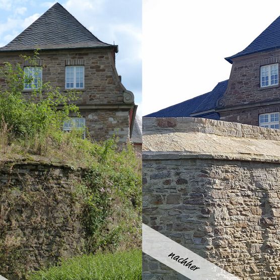 Vorher-Nachher-Vergleich: Die Ringmauer nach der Sanierung von Schloß Broich