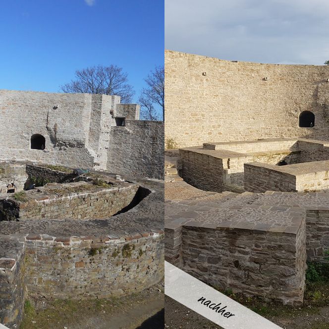 Vorher-Nachher-Vergleich: Die Turmfragmente nach der Sanierung von Schloß Broich