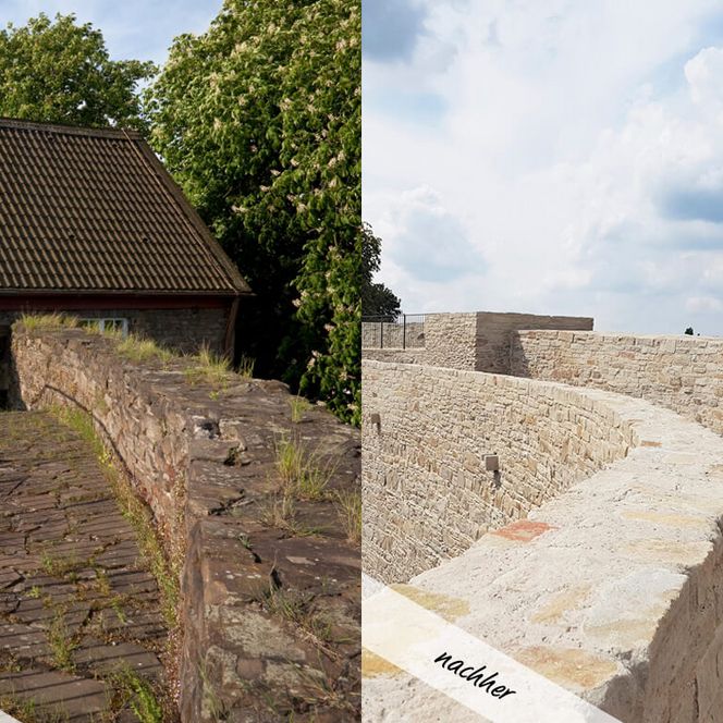 Vorher-Nachher-Vergleich: Der Wehrgang nach der Sanierung von Schloß Broich