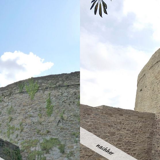 Vorher-Nachher-Vergleich: Die Ringmauer (MüGa) nach der Sanierung von Schloß Broich