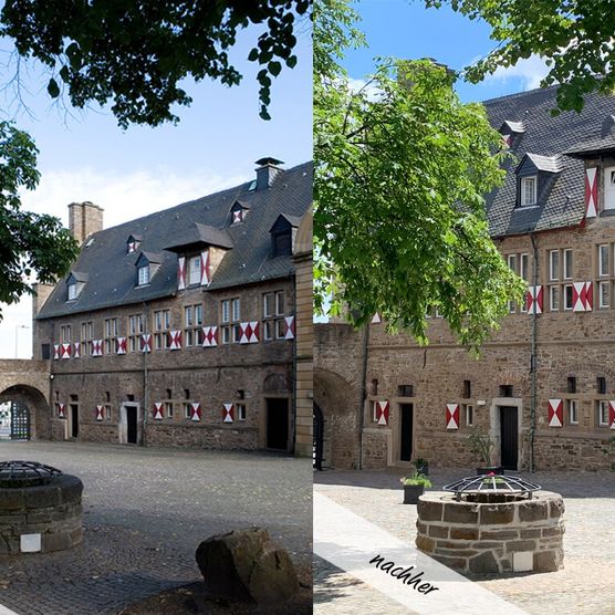 Vorher-Nachher-Vergleich: Der Schlosshof nach der Sanierung von Schloß Broich