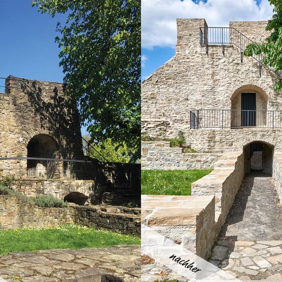 Vorher-Nachher-Vergleich: Der Nordwestturm nach der Sanierung von Schloß Broich