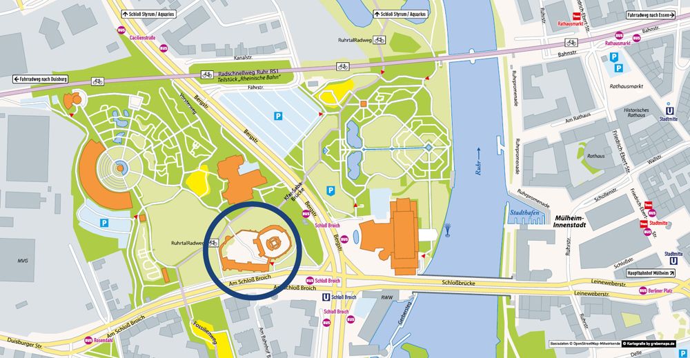 Karte von Schloß Broich und Umgebung in Mülheim an der Ruhr (Stand: 2024) 